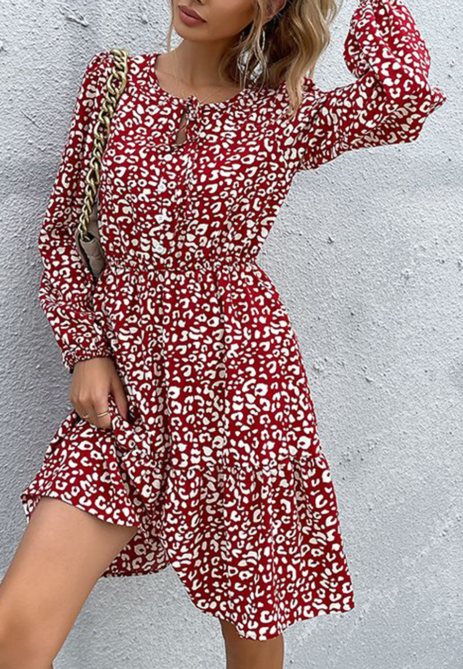 Keyhole Tie Neck Long Sleeve Dress