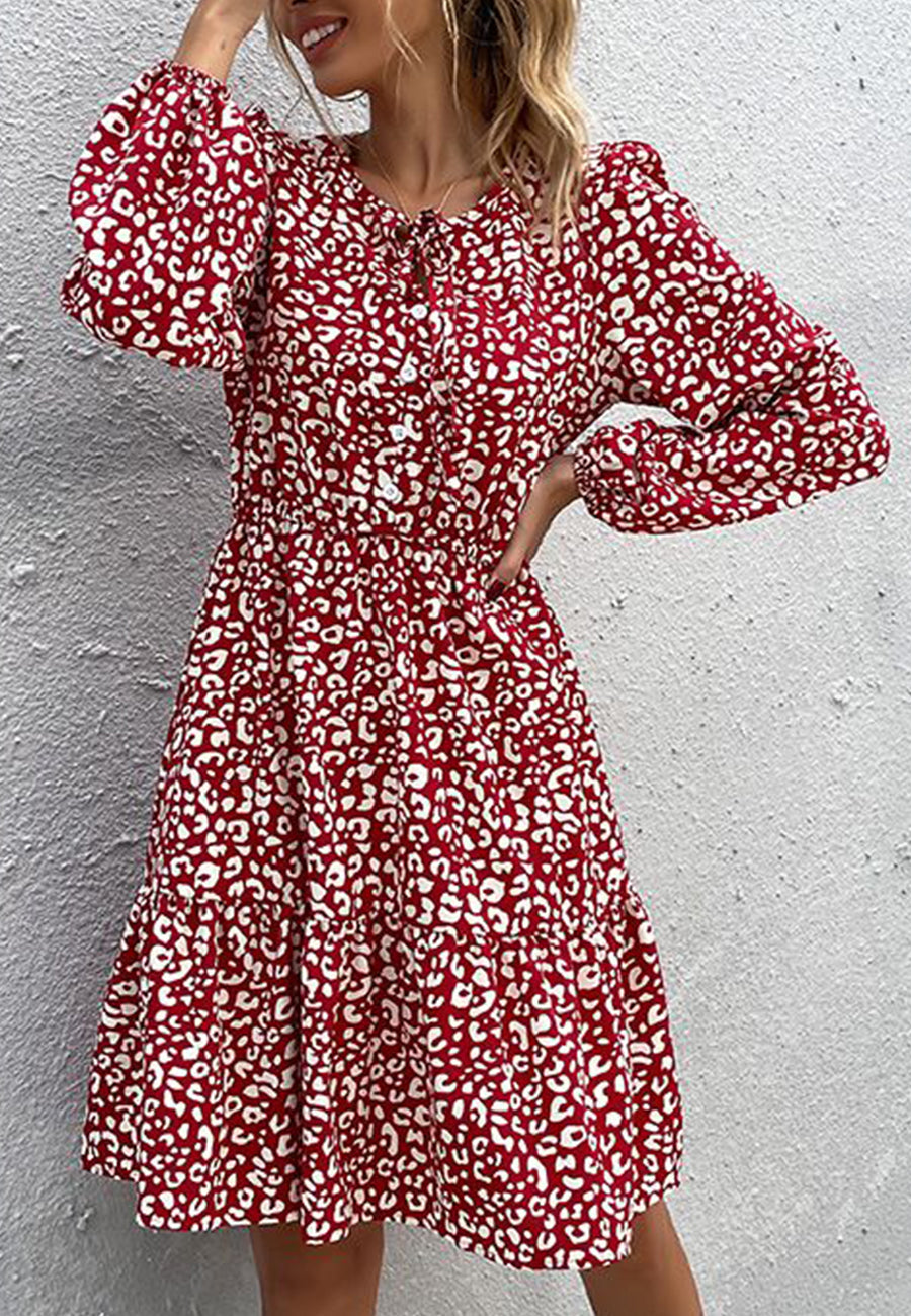 Keyhole Tie Neck Long Sleeve Dress