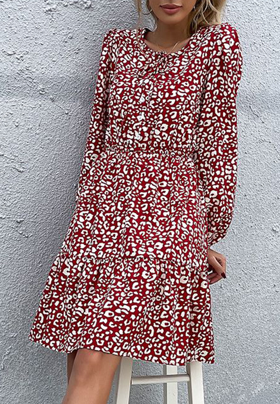 Keyhole Tie Neck Long Sleeve Dress