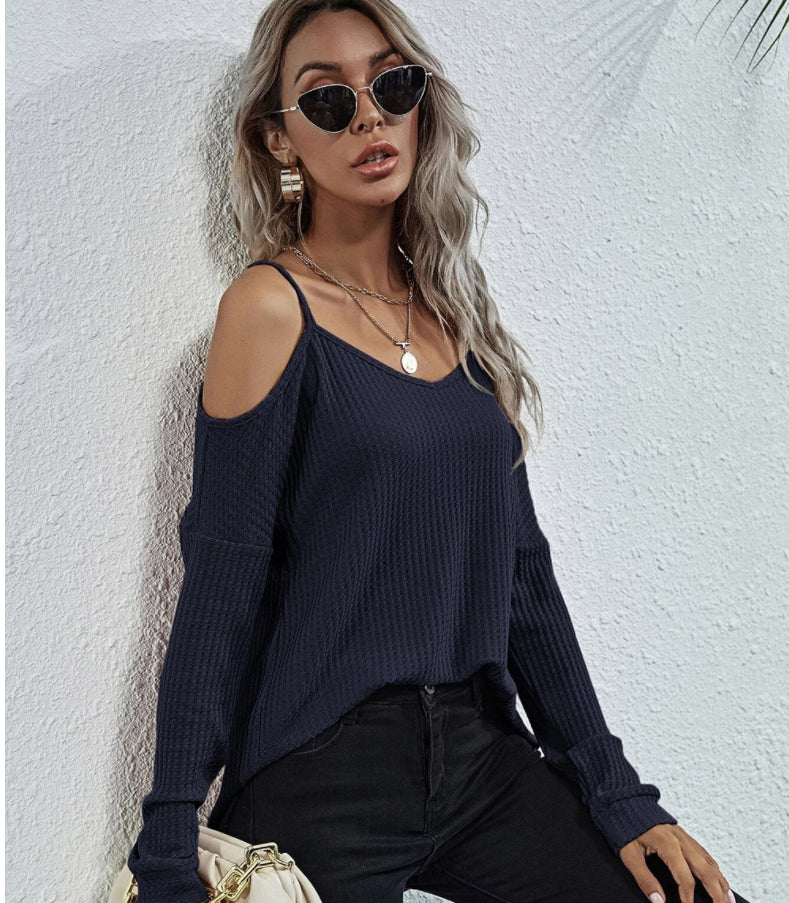 Cold Shoulder Waffle Knit Top