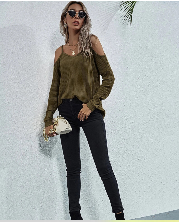 Cold Shoulder Waffle Knit Top