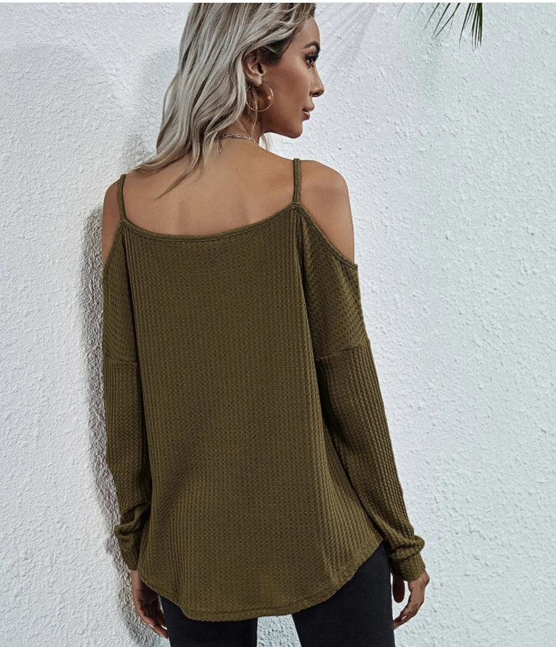 Cold Shoulder Waffle Knit Top