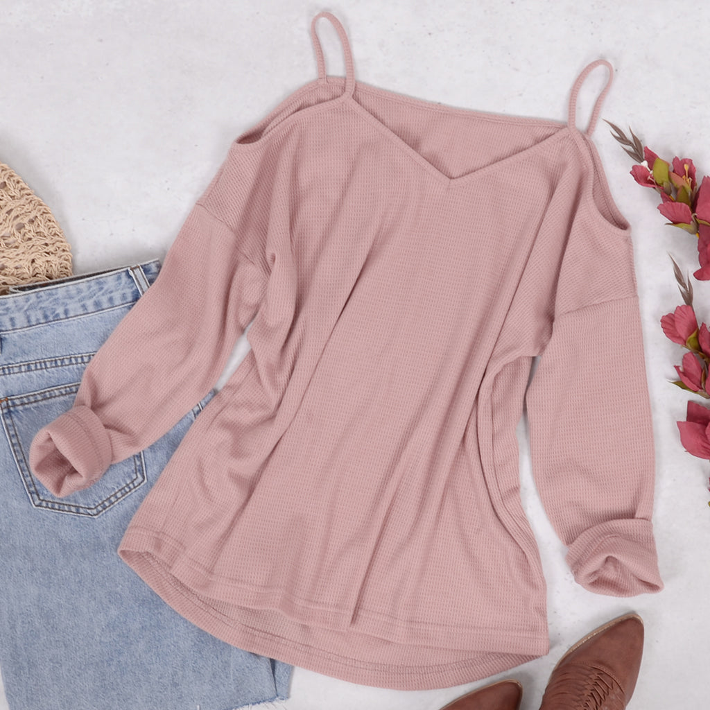Cold Shoulder Waffle Knit Top