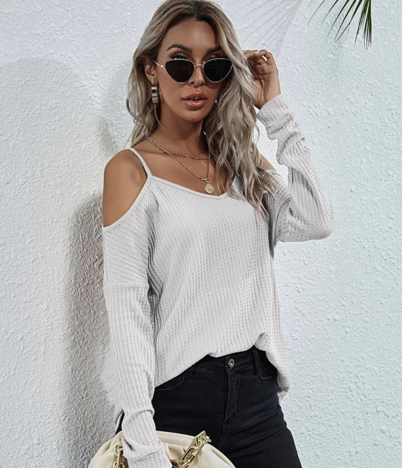 Cold Shoulder Waffle Knit Top