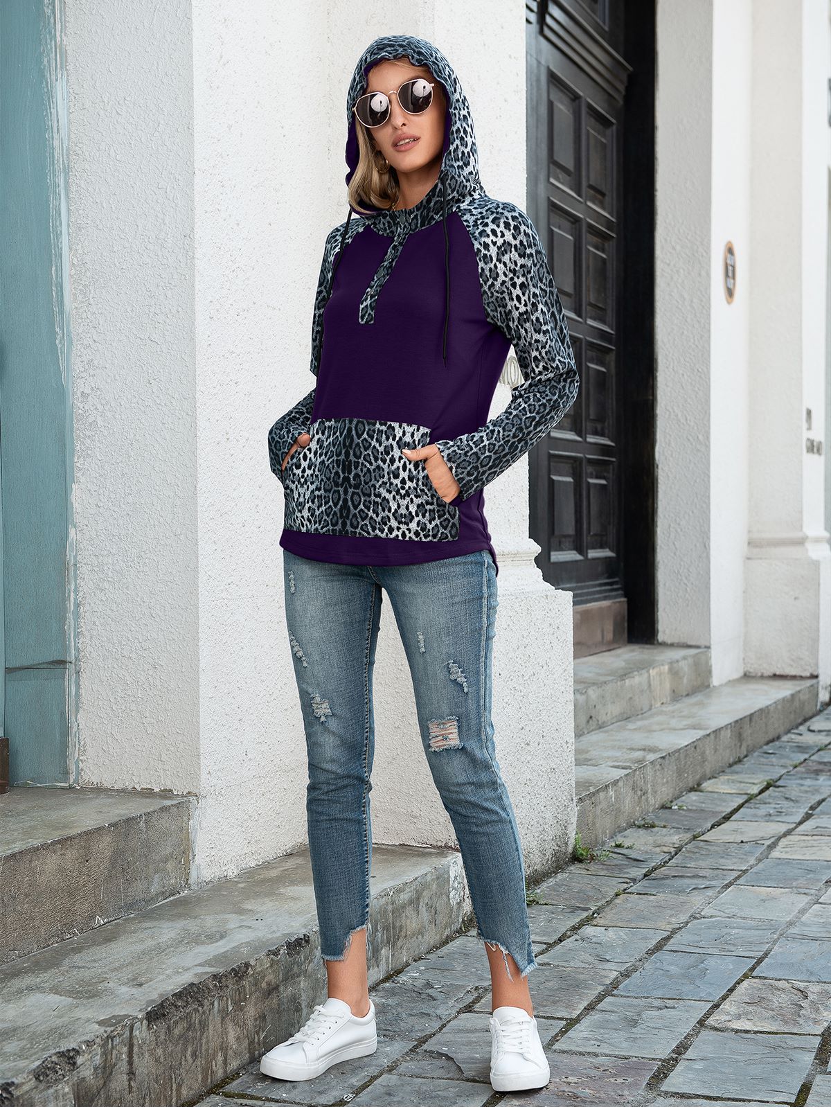 Sudadera con capucha de leopardo de dos tonos