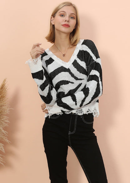 Zebra Print Frayed Hem Sweater