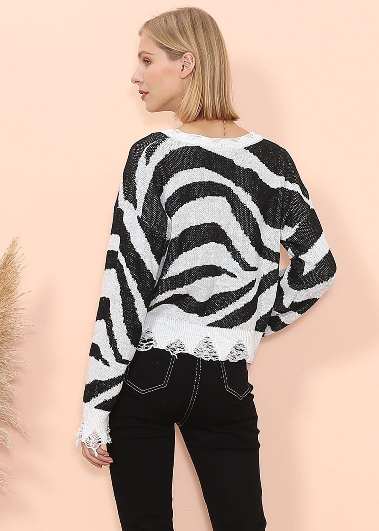 Zebra Print Frayed Hem Sweater