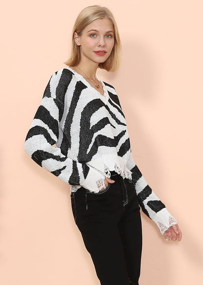 Zebra Print Frayed Hem Sweater