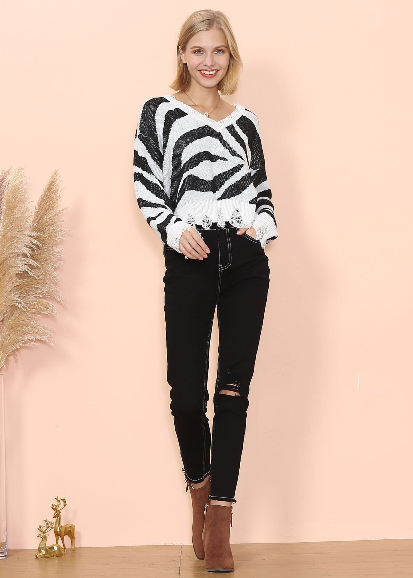 Zebra Print Frayed Hem Sweater