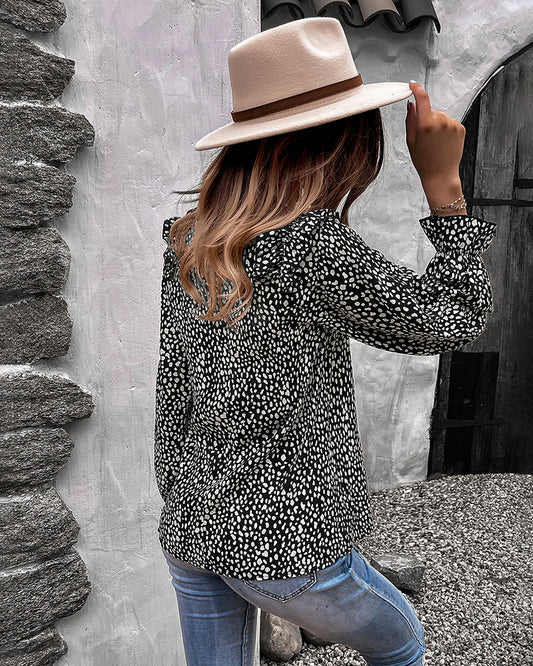 Animal Print Shoulder Ruffle Blouse