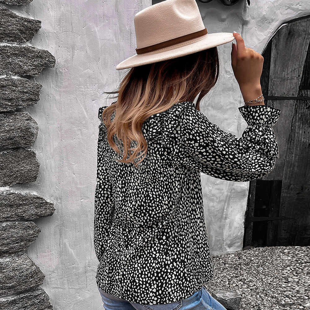 Animal Print Shoulder Ruffle Blouse