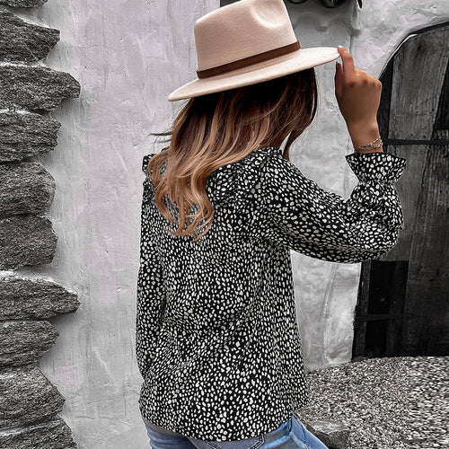 Animal Print Shoulder Ruffle Blouse