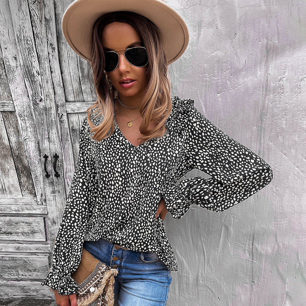 Animal Print Shoulder Ruffle Blouse