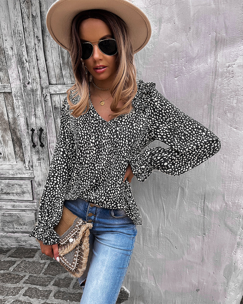 Animal Print Shoulder Ruffle Blouse