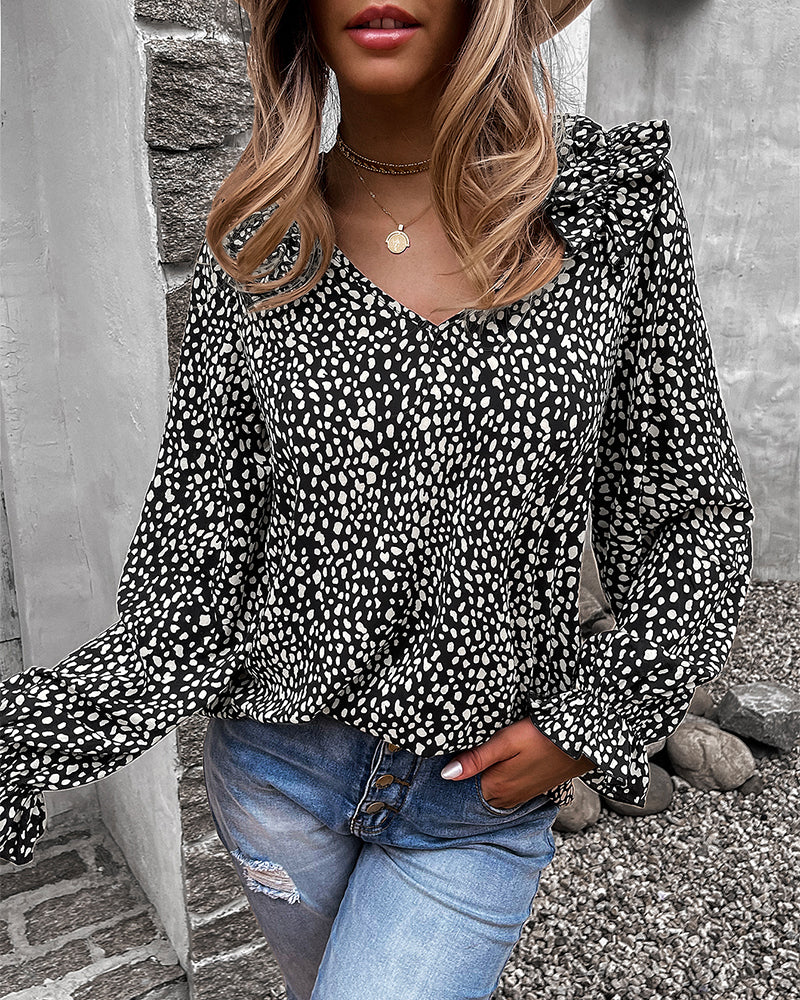 Animal Print Shoulder Ruffle Blouse