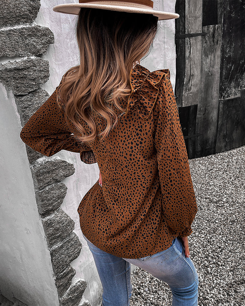 Animal Print Shoulder Ruffle Blouse