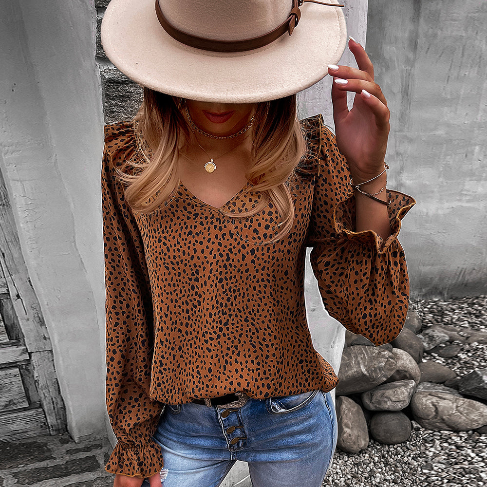 Animal Print Shoulder Ruffle Blouse