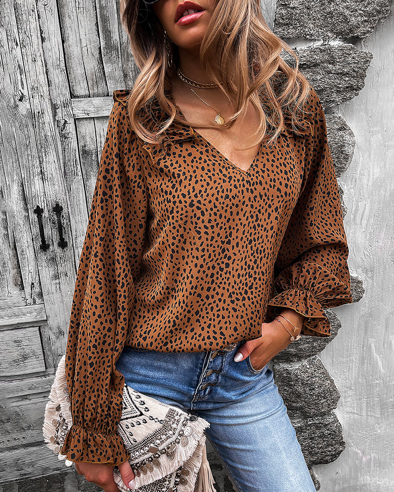 Animal Print Shoulder Ruffle Blouse