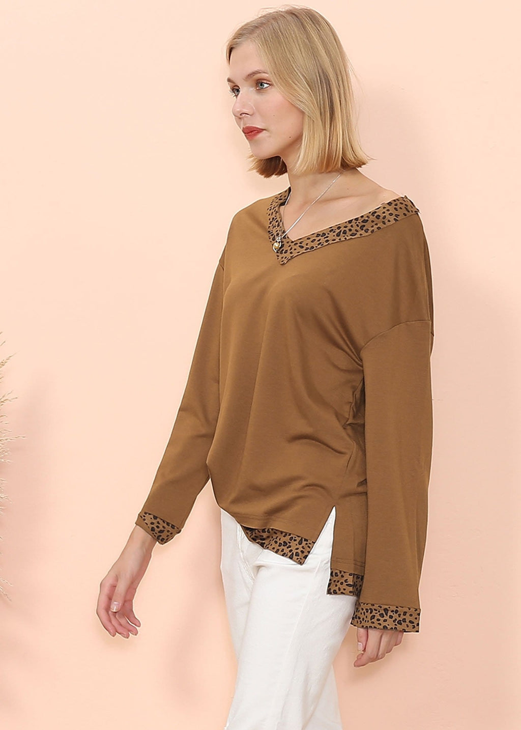 Leopard Trim Long Sleeve V-Neck