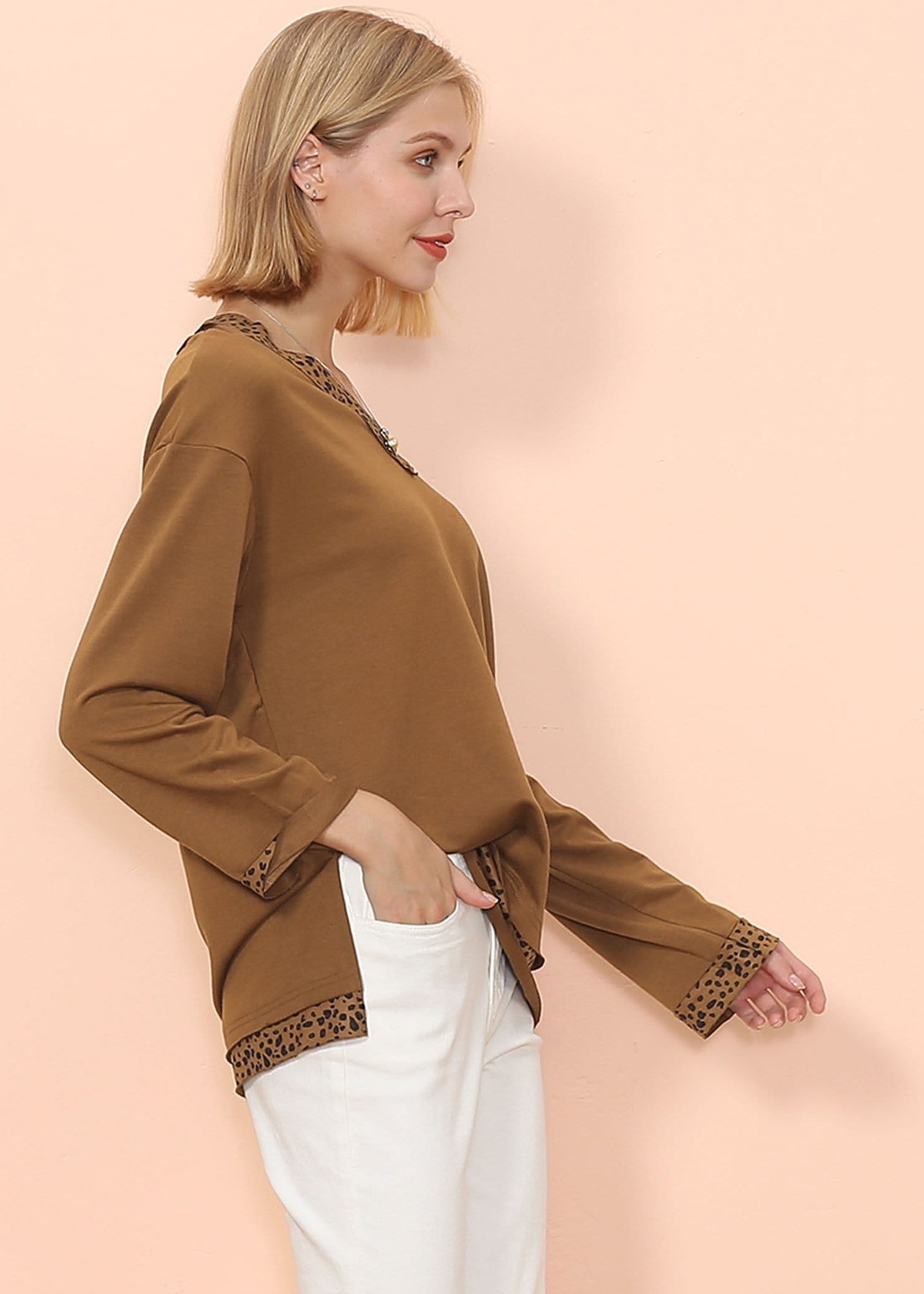 Leopard Trim Long Sleeve V-Neck