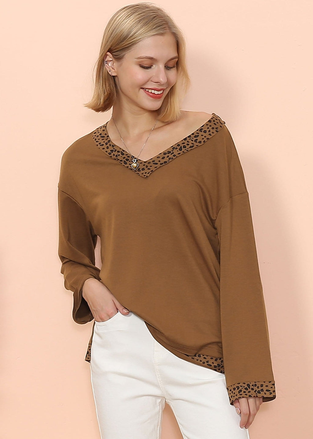 Leopard Trim Long Sleeve V-Neck