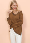 Leopard Trim Long Sleeve V-Neck