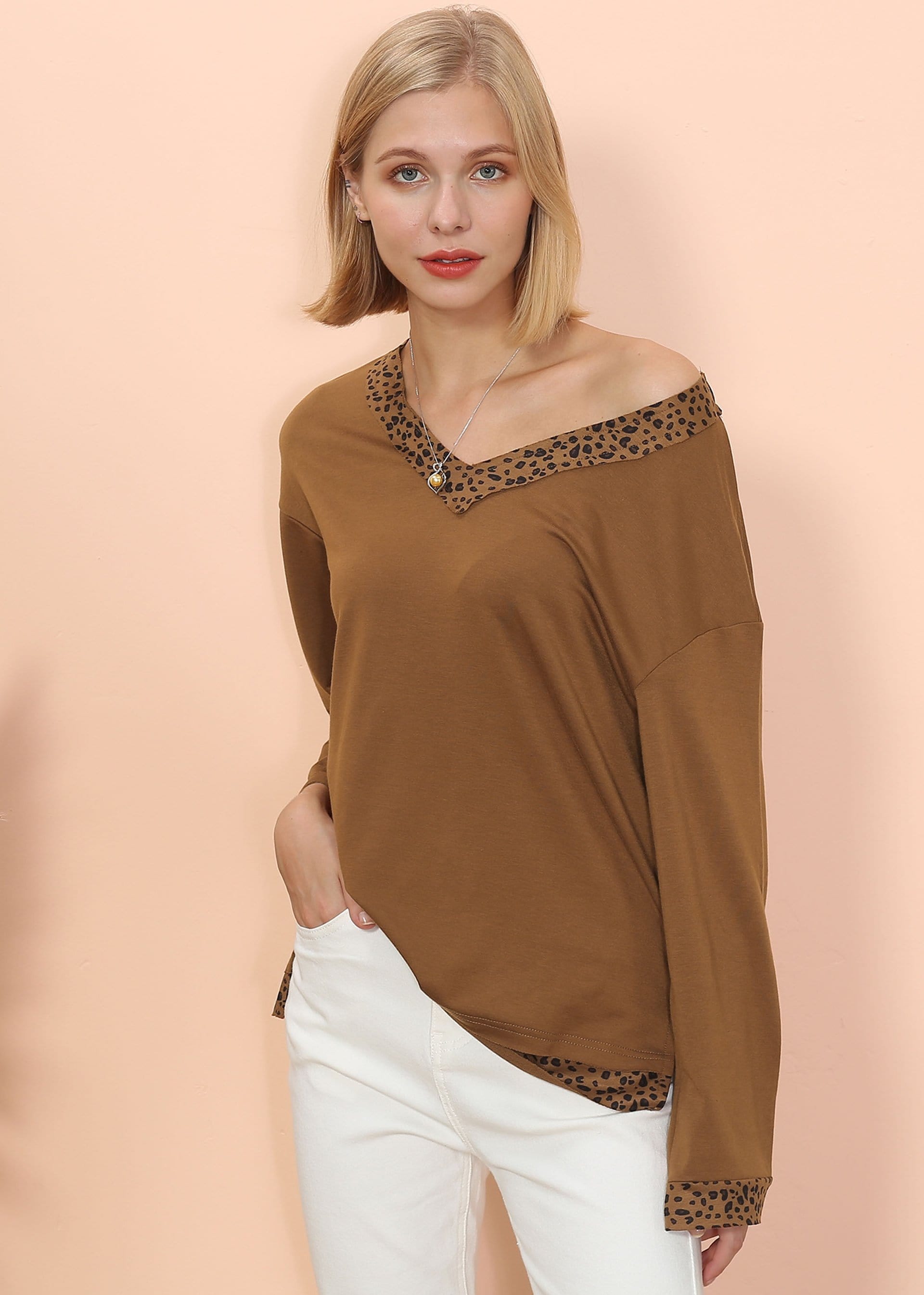 Leopard Trim Long Sleeve V-Neck