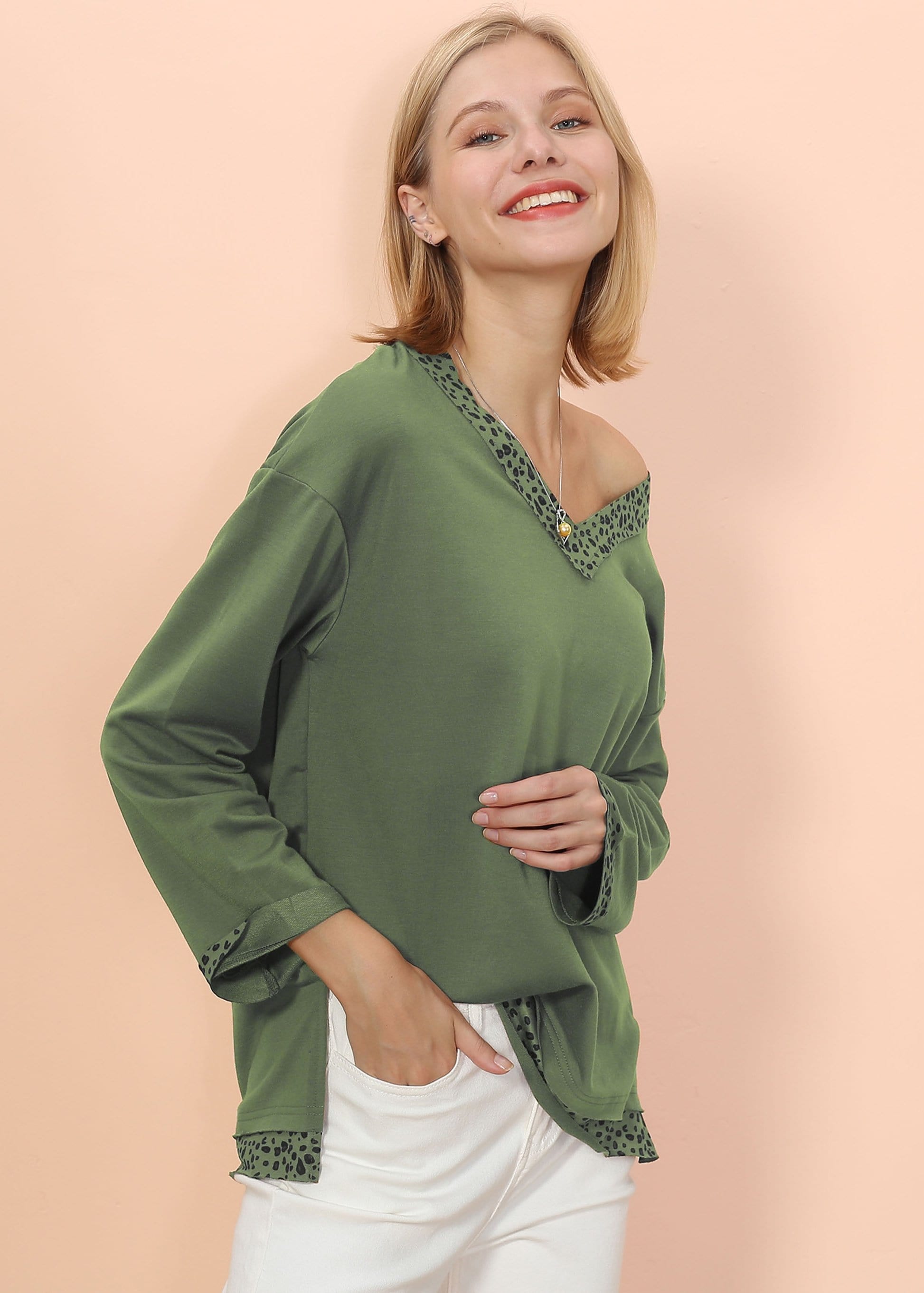 Leopard Trim Long Sleeve V-Neck