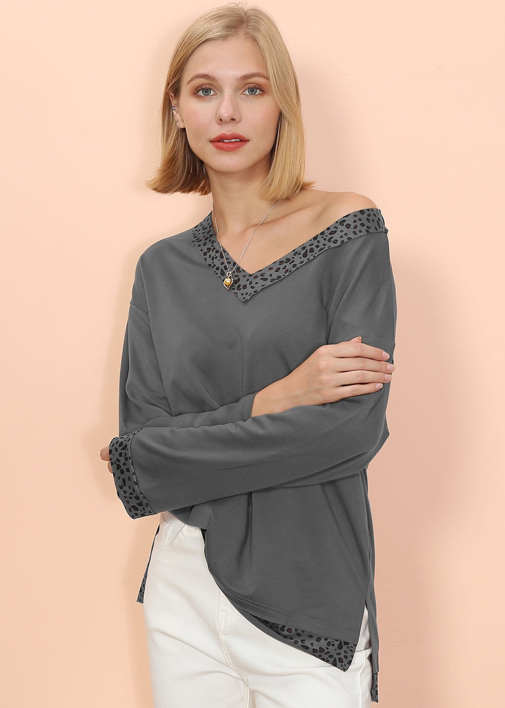 Leopard Trim Long Sleeve V-Neck