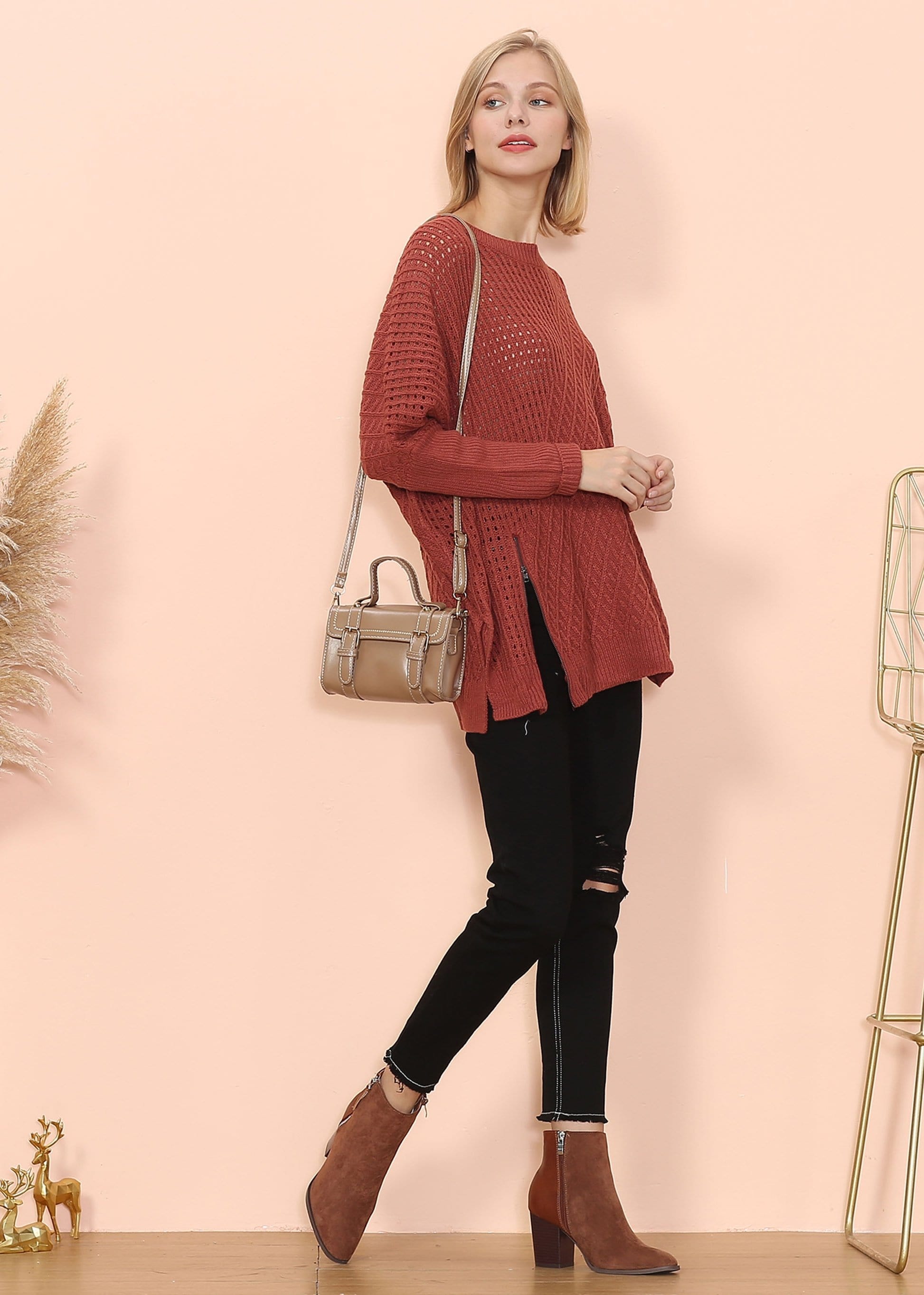 Mixed Knit Zipper Slit Sweater