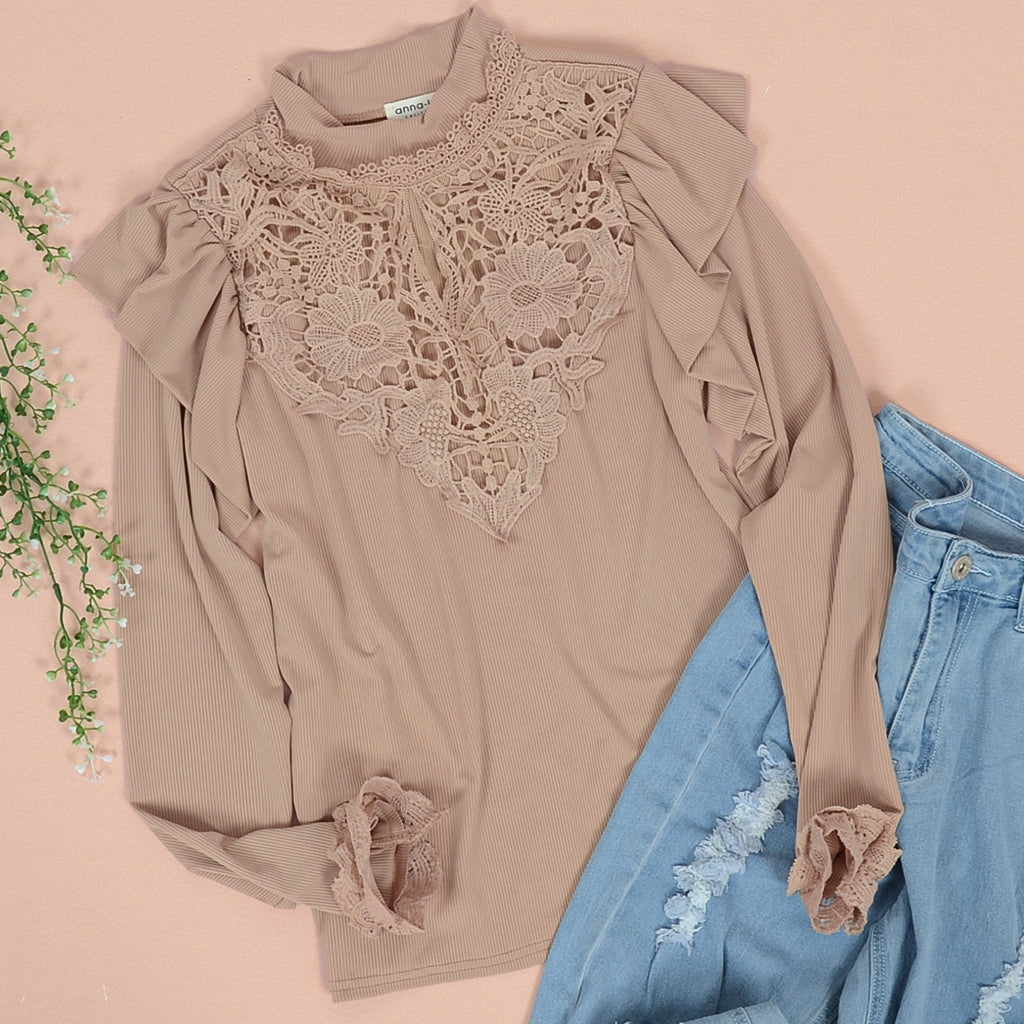 Lace Detail Ruffle Shoulder Top