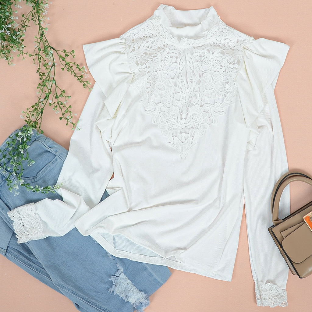 Lace Detail Ruffle Shoulder Top