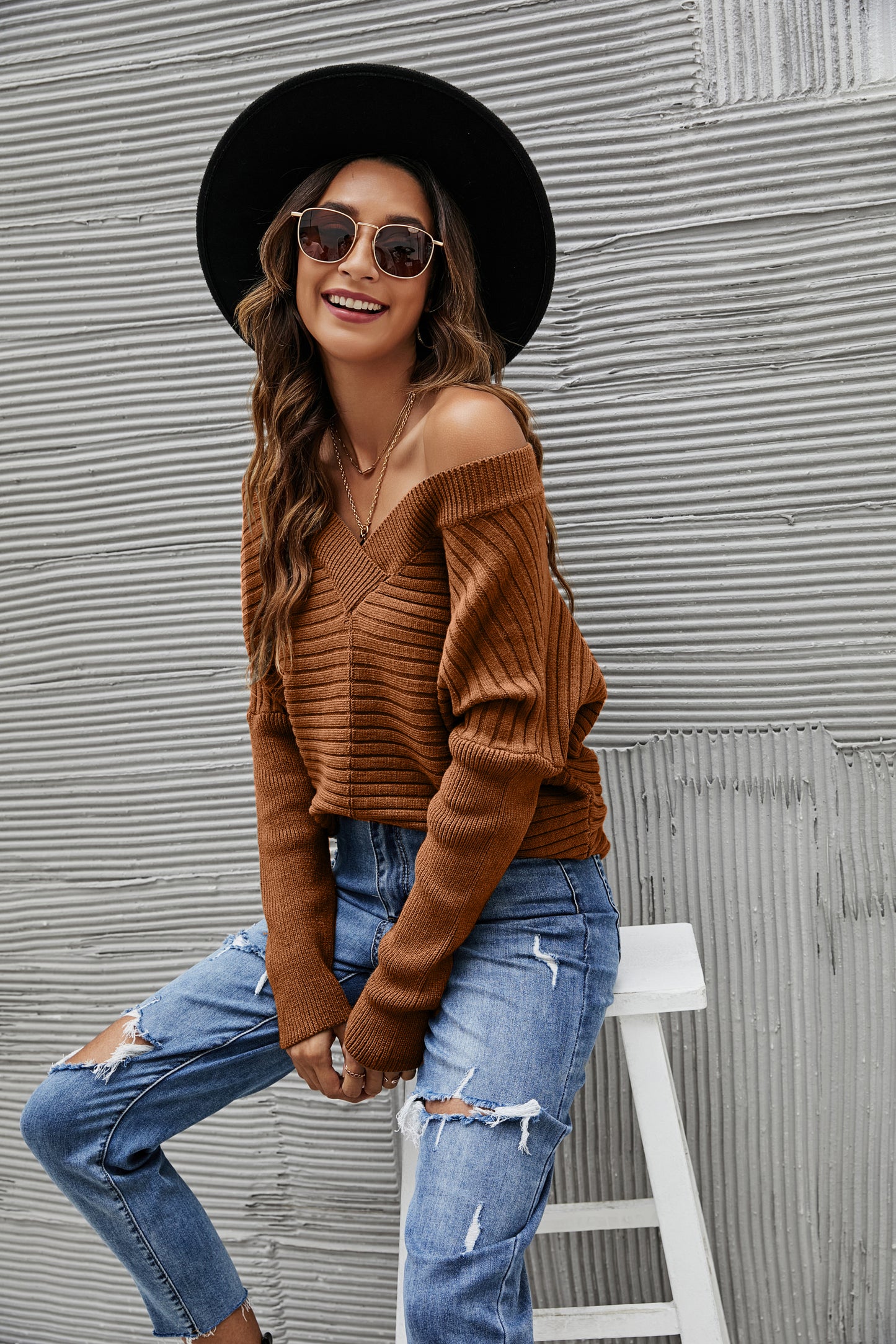 Solid Color Ribbed Sweater