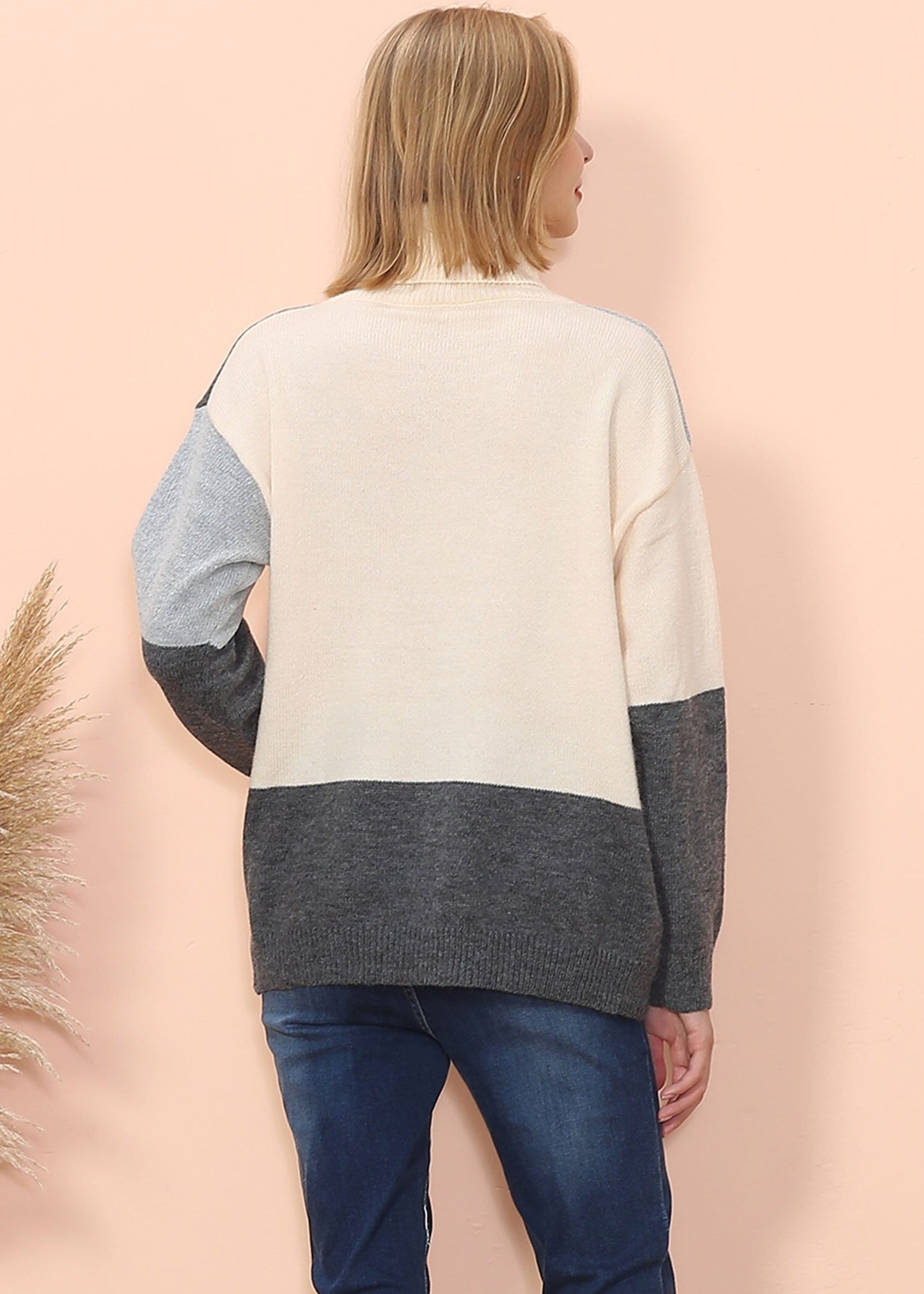 Color Block Front Turtleneck Sweater