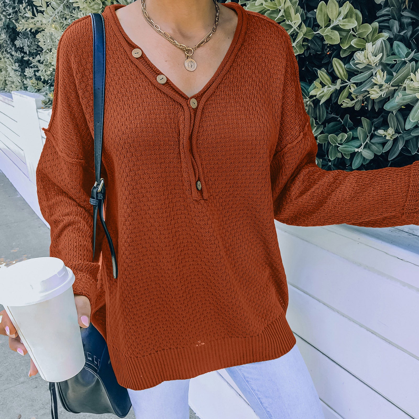 Contrast Button Detail Long Sleeve Textured Knit Sweater