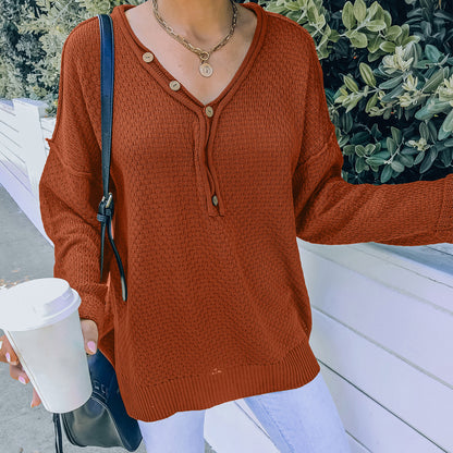 Contrast Button Detail Long Sleeve Textured Knit Sweater