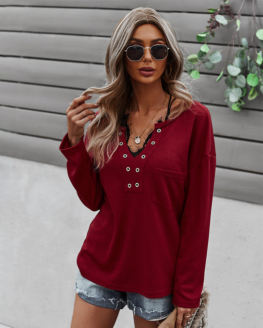 Faux Button Placket Sweater