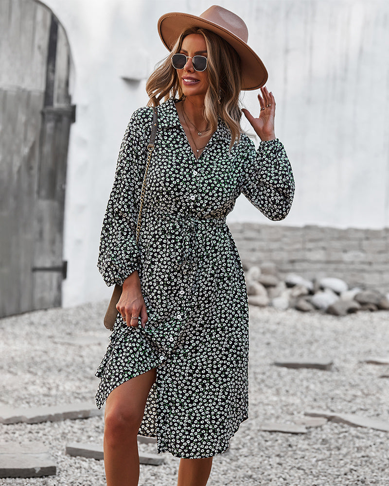 Vestido camisero con lazo floral en la cintura 