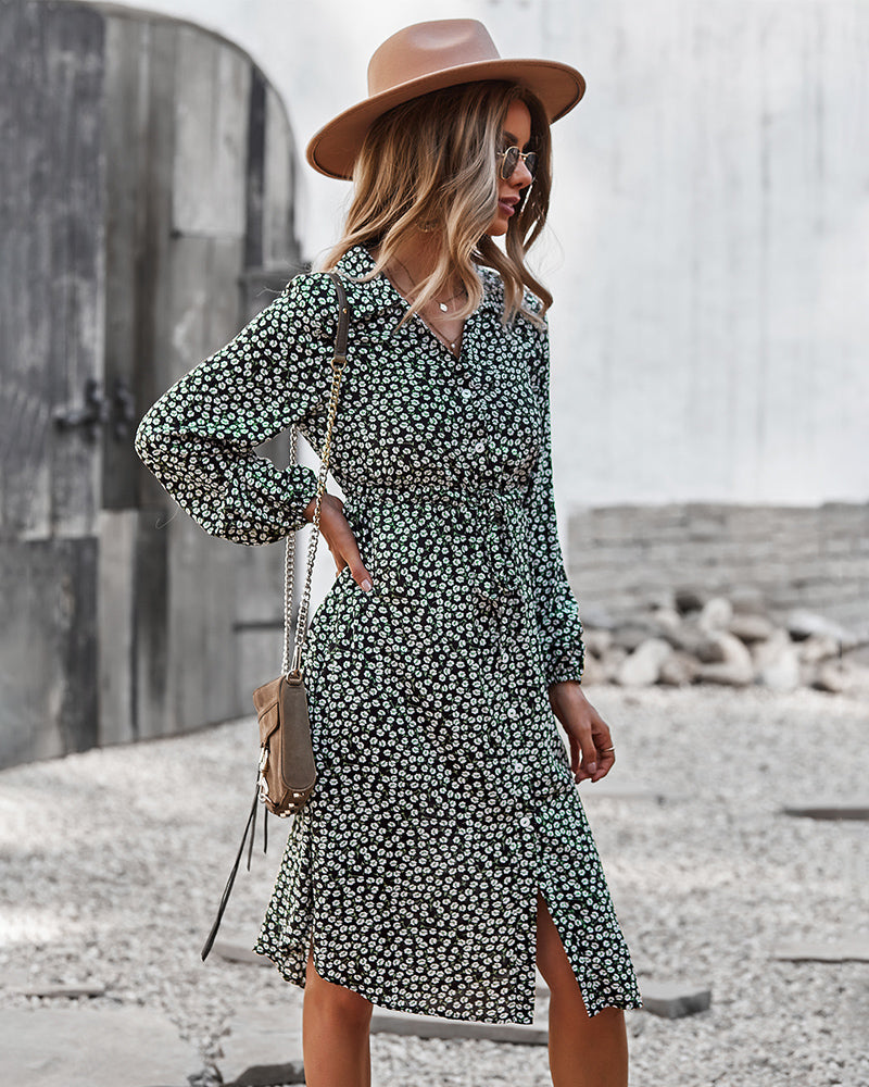 Vestido camisero con lazo floral en la cintura 
