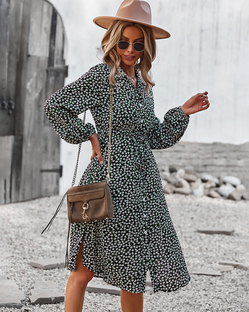Vestido camisero con lazo floral en la cintura 