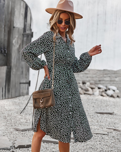 Vestido camisero con lazo floral en la cintura 