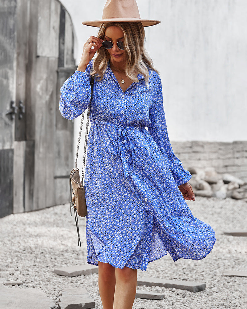Vestido camisero con lazo floral en la cintura 