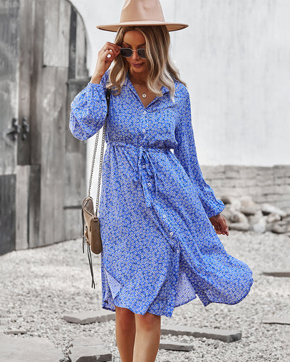 Vestido camisero con lazo floral en la cintura 