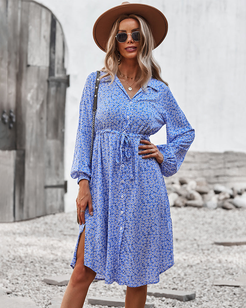 Vestido camisero con lazo floral en la cintura 