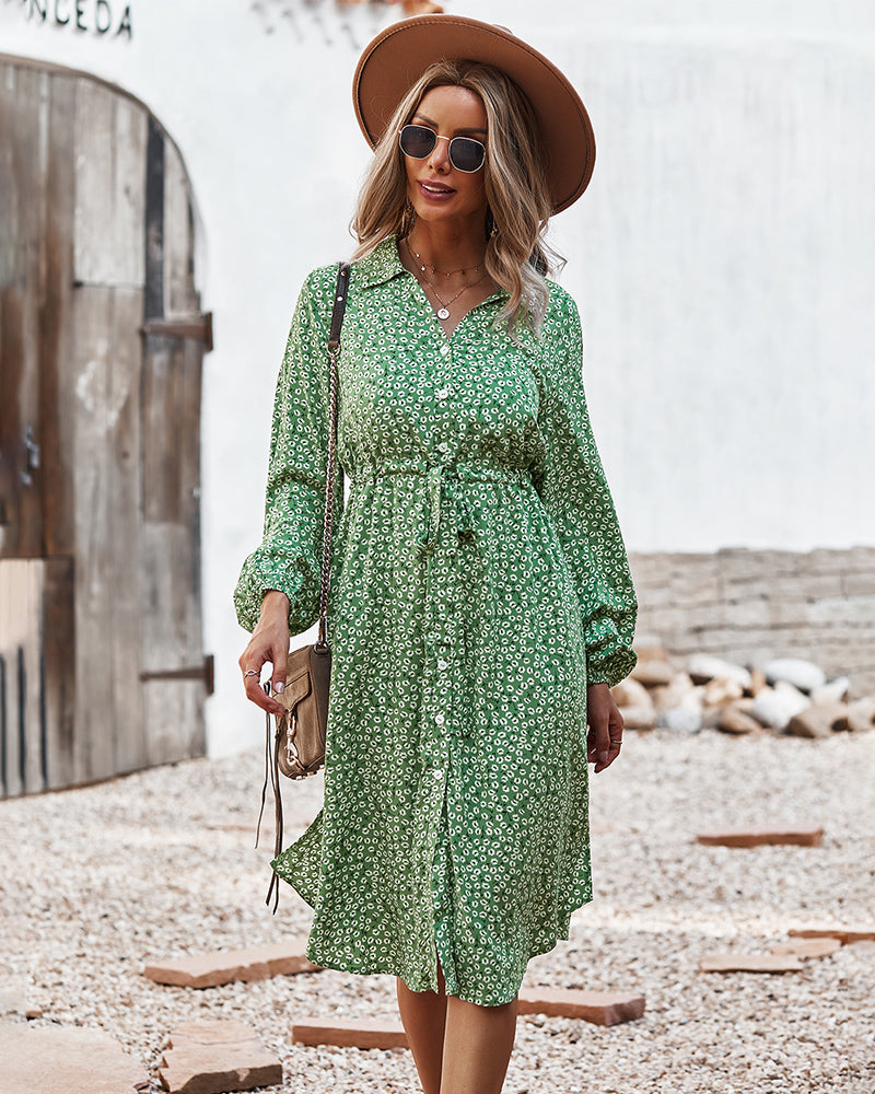 Vestido camisero con lazo floral en la cintura 