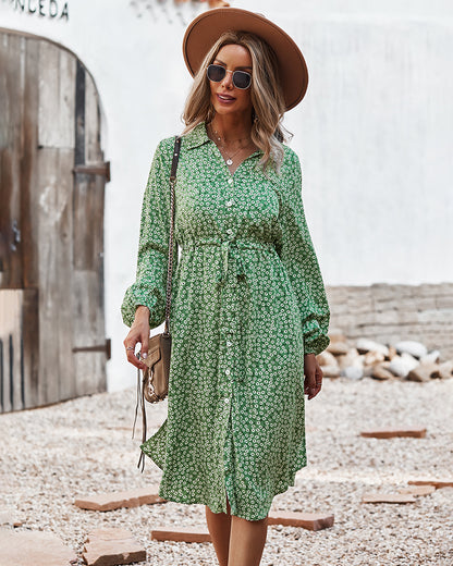 Vestido camisero con lazo floral en la cintura 