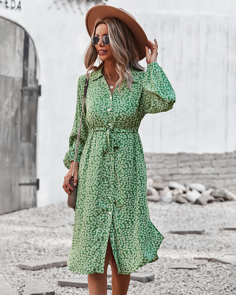 Vestido camisero con lazo floral en la cintura 