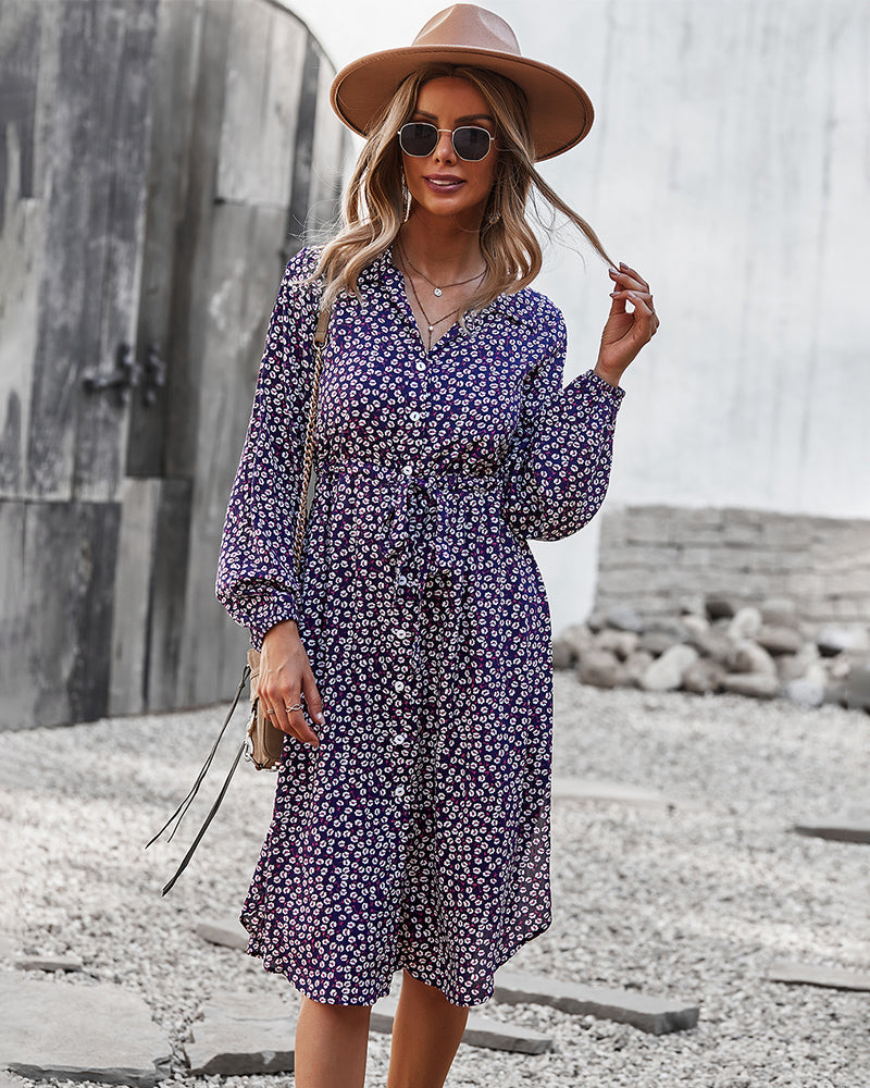 Vestido camisero con lazo floral en la cintura 
