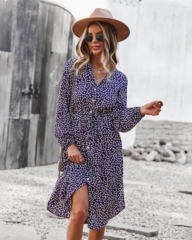 Vestido camisero con lazo floral en la cintura 