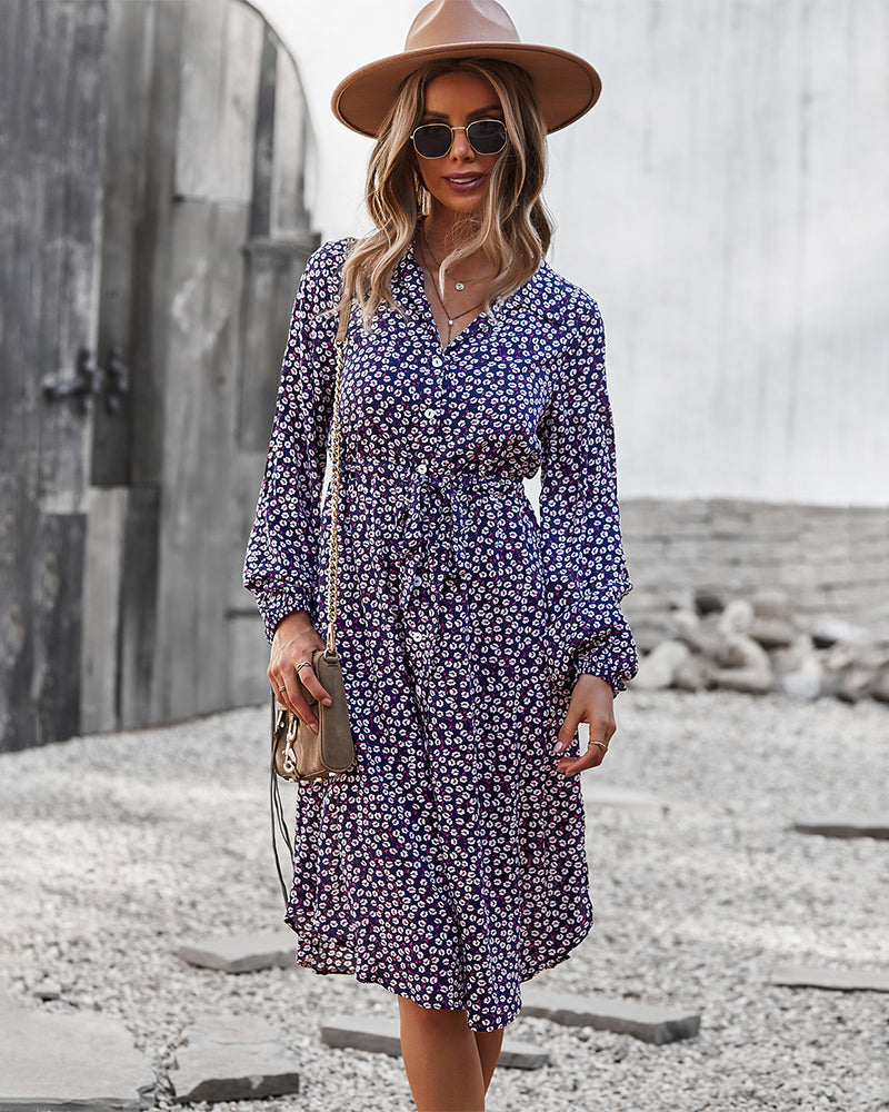 Vestido camisero con lazo floral en la cintura 